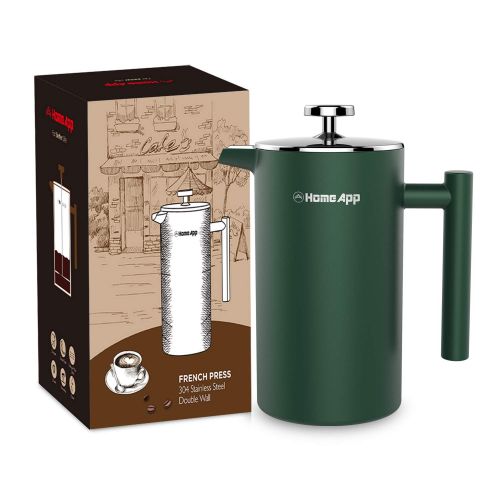  HomeApp Kaffee- und Teezubereiter, doppelwandig, Edelstahl, manuelle Kaffee- und Teekanne mit 2 zusatzlichen Filtern 1000 ml (mit Tropfenstopp) gruen