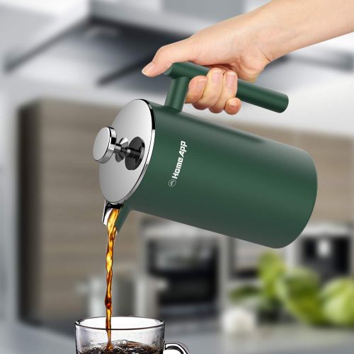  HomeApp Kaffee- und Teezubereiter, doppelwandig, Edelstahl, manuelle Kaffee- und Teekanne mit 2 zusatzlichen Filtern 1000 ml (mit Tropfenstopp) gruen