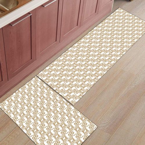  HomeCreator Non Slip 2pc Kitchen Area Rugs Retro Vintage Brown Jacquard with White Background Absorbent Antibacterial Indoor Door Mats Set Machine Washable Rug Runner 15.7x23.6/15.