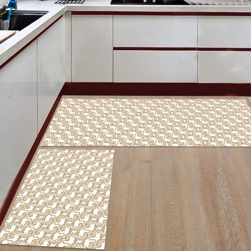  HomeCreator Non Slip 2pc Kitchen Area Rugs Retro Vintage Brown Jacquard with White Background Absorbent Antibacterial Indoor Door Mats Set Machine Washable Rug Runner 15.7x23.6/15.