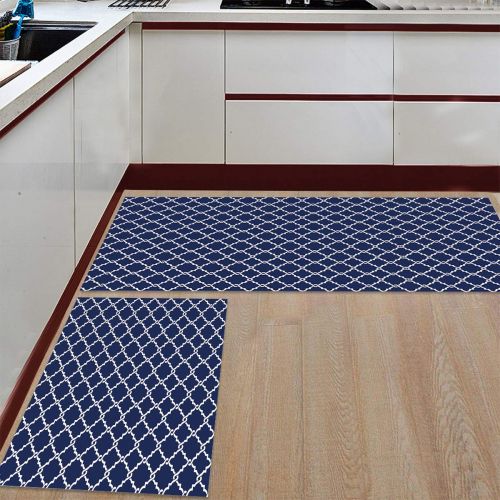  HomeCreator Non Slip 2pc Kitchen Area Rugs Retro Blue Geometric Rhombic Pattern Absorbent Antibacterial Indoor Door Mats Set Machine Washable Rug Runner 15.7x23.6/15.7x47.2