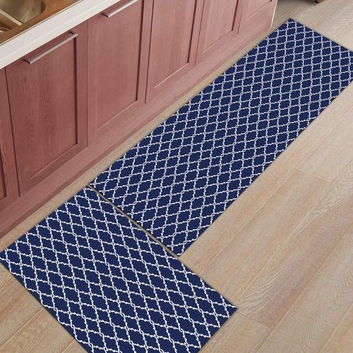  HomeCreator Non Slip 2pc Kitchen Area Rugs Retro Blue Geometric Rhombic Pattern Absorbent Antibacterial Indoor Door Mats Set Machine Washable Rug Runner 15.7x23.6/15.7x47.2