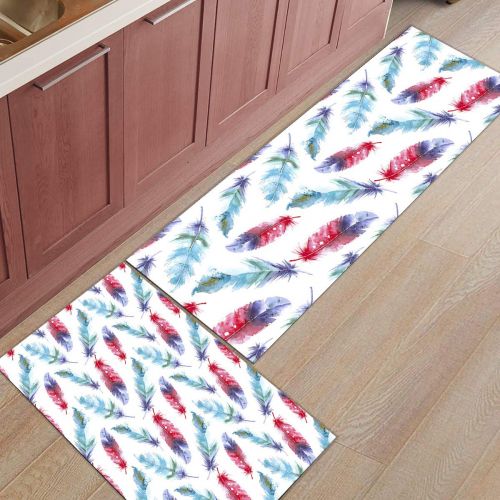  HomeCreator Non Slip 2pc Kitchen Area Rugs Retro Lovely Feather Pattern Absorbent Antibacterial Indoor Door Mats Set Machine Washable Rug Runner 15.7x23.6/15.7x47.2