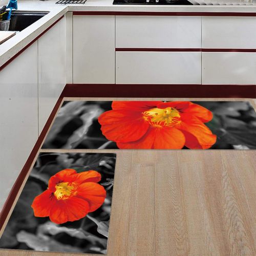  HomeCreator Non Slip 2pc Kitchen Area Rugs Retro Red Tulips with Black Background Absorbent Antibacterial Indoor Door Mats Set Machine Washable Rug Runner 15.7x23.6/15.7x47.2