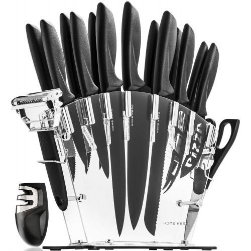  HomeHero Stainless Steel Knife Set with Block - 13 Kitchen Knives Set Chef Knife Set with Knife Sharpener, 6 Steak Knives, Bonus Peeler Scissors Cheese Pizza Knife & Acrylic Stand - Best Cu