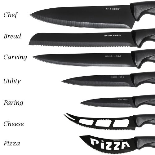  HomeHero Stainless Steel Knife Set with Block - 13 Kitchen Knives Set Chef Knife Set with Knife Sharpener, 6 Steak Knives, Bonus Peeler Scissors Cheese Pizza Knife & Acrylic Stand - Best Cu