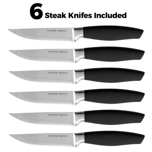  HomeHero Stainless Steel Knife Set with Block - 13 Kitchen Knives Set Chef Knife Set with Knife Sharpener, 6 Steak Knives, Bonus Peeler Scissors Cheese Pizza Knife & Acrylic Stand - Best Cu