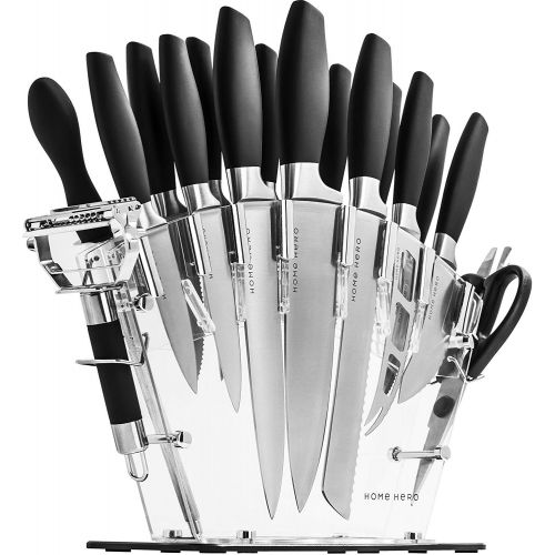  HomeHero Stainless Steel Knife Set with Block - 13 Kitchen Knives Set Chef Knife Set with Knife Sharpener, 6 Steak Knives, Bonus Peeler Scissors Cheese Pizza Knife & Acrylic Stand - Best Cu