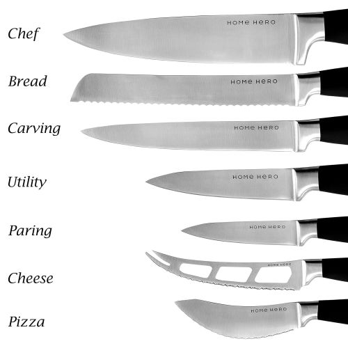  HomeHero Stainless Steel Knife Set with Block - 13 Kitchen Knives Set Chef Knife Set with Knife Sharpener, 6 Steak Knives, Bonus Peeler Scissors Cheese Pizza Knife & Acrylic Stand - Best Cu