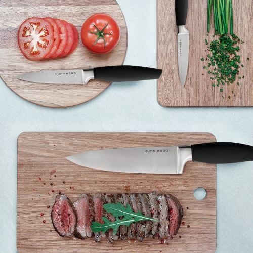  HomeHero Stainless Steel Knife Set with Block - 13 Kitchen Knives Set Chef Knife Set with Knife Sharpener, 6 Steak Knives, Bonus Peeler Scissors Cheese Pizza Knife & Acrylic Stand - Best Cu