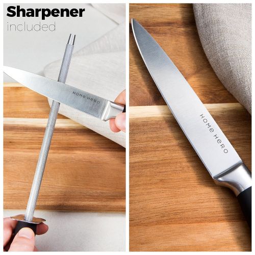  HomeHero Stainless Steel Knife Set with Block - 13 Kitchen Knives Set Chef Knife Set with Knife Sharpener, 6 Steak Knives, Bonus Peeler Scissors Cheese Pizza Knife & Acrylic Stand - Best Cu