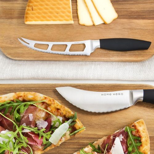  HomeHero Stainless Steel Knife Set with Block - 13 Kitchen Knives Set Chef Knife Set with Knife Sharpener, 6 Steak Knives, Bonus Peeler Scissors Cheese Pizza Knife & Acrylic Stand - Best Cu