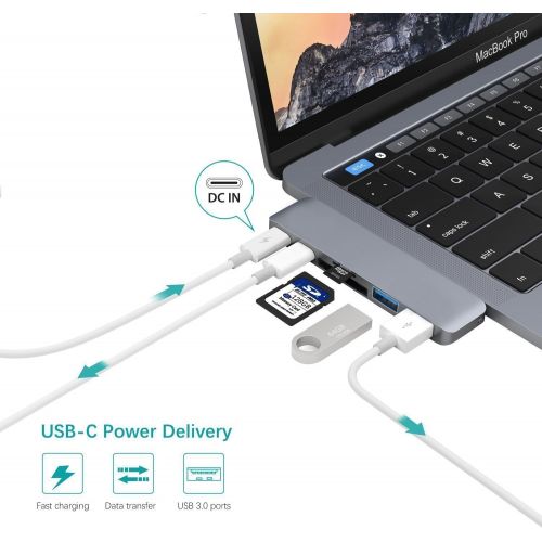  Thunderbolt 3 USB C Hub Docking for 2018 MacBook Air MacBook Pro 2016 2017, HomeSpot Type-C Duo Hub 6 Port - 40Gbs Thunderbolt 3, Pass-Through Charging, SDMicro Card Reader - Spac