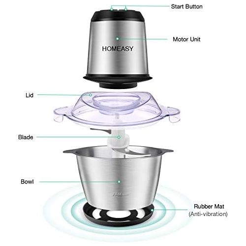  Homeasy HOMEASY Zerkleinerer Universalzerkleinerer mit 2L Edelstahlschuessel, 350W Elektrisch Multizerkleinerer, Fleischwolf mit 4 Klingen fuer Fleisch, Zwiebeln, Obst, Gemuese