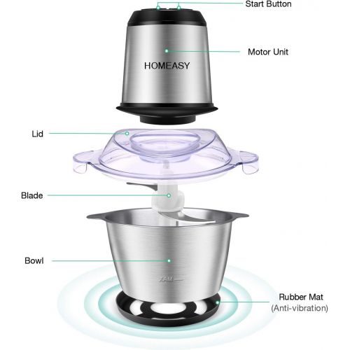  HOMEASY Meat Grinder Electric, Food Processor 2L Stainless Steel Meat Blender Food Chopper for Meat, Vegetables, Fruits and Nuts with 4 Sharp Blades, 350W, 8 Cups, 110V