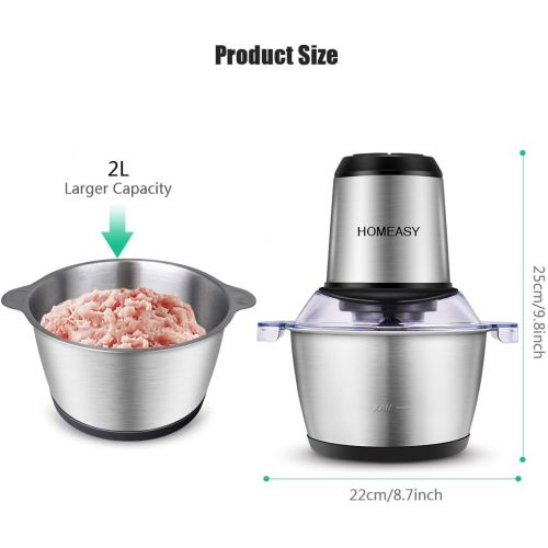  HOMEASY Meat Grinder Electric, Food Processor 2L Stainless Steel Meat Blender Food Chopper for Meat, Vegetables, Fruits and Nuts with 4 Sharp Blades, 350W, 8 Cups, 110V