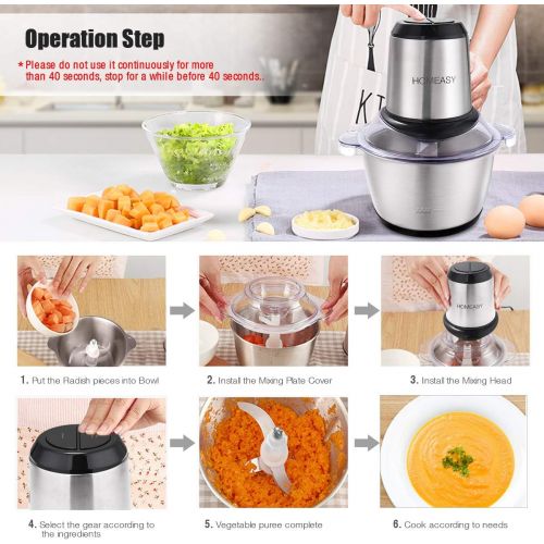  HOMEASY Meat Grinder Electric, Food Processor 2L Stainless Steel Meat Blender Food Chopper for Meat, Vegetables, Fruits and Nuts with 4 Sharp Blades, 350W, 8 Cups, 110V