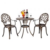 Homeconlin Table and Chair Set Round Patio Terrace Metal Table and Chairs European Style Cast Aluminum Outdoor 3 Piece Patio Bistro Set of Table and Chairs with Ice Bucket Bronze