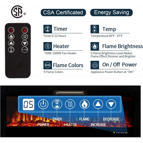  Homedex 36 Recessed Mounted Electric Fireplace Insert with Touch Screen Control Panel, Remote Control, 750/1500W, Log/Crystal Options…