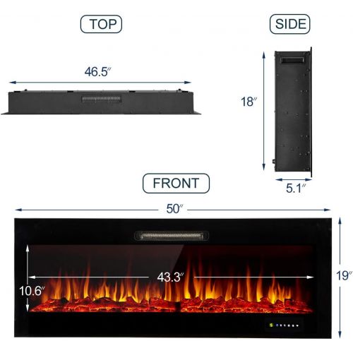  Homedex 50 Recessed Mounted Electric Fireplace Insert with Touch Screen Control Panel, Remote Control, 750/1500W, Log/Crystal Options