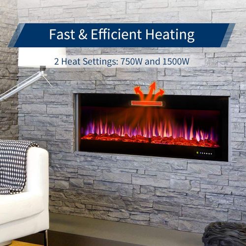  Homedex 50 Recessed Mounted Electric Fireplace Insert with Touch Screen Control Panel, Remote Control, 750/1500W, Log/Crystal Options