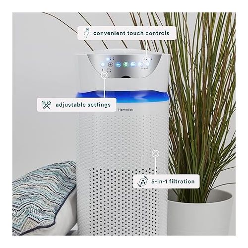  Homedics 5-in-1 UV-C Air Purifier - 360-Degree HEPA Filter for 1,659 Sq Ft, Extra Large Air Purifiers for Bedroom and Home, Essential Oil Pads, Built-In Timer, 5 Speed Settings for Large Rooms, White