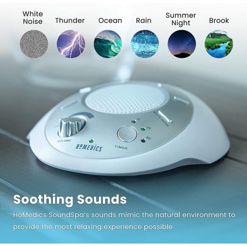  HoMedics White Noise Sound Machine | Portable Sleep Therapy for Home , Office , Baby & Travel | 6 Relaxing & Soothing Nature Sounds , Battery or Adapter Charging Options , Auto-Off Timer |