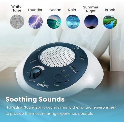  HoMedics White Noise Sound Machine | Portable Sleep Therapy for Home, Office, Baby & Travel | 6 Relaxing & Soothing Nature Sounds, Battery or Adapter Charging Options, Auto-Off Tim