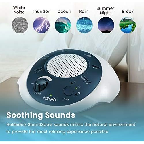  HoMedics White Noise Sound Machine | Portable Sleep Therapy for Home, Office, Baby & Travel | 6 Relaxing & Soothing Nature Sounds, Battery or Adapter Charging Options, Auto-Off Tim