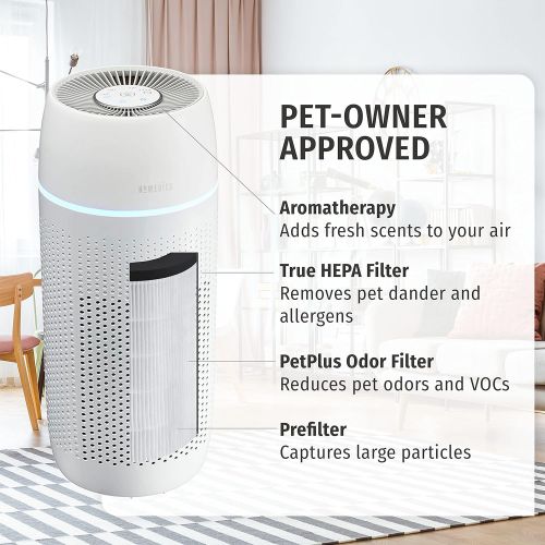  HoMedics TotalClean PetPlus 5-in-1 Tower Air Purifier, 360-Degree True HEPA Filtration for Allergens, Dust and Dander with UV-C Light and Ionizer for Home or Office, Pet Odor Reduc