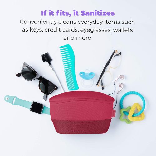  HoMedics UV Clean Sanitizer Bag Portable UV Light Sanitizer, Fast Germ Sanitizer for Cell Phone, Makeup Tools, Credit Card, Keys, Glasses, Kills 99.9% of Bacteria & Viruses, Red