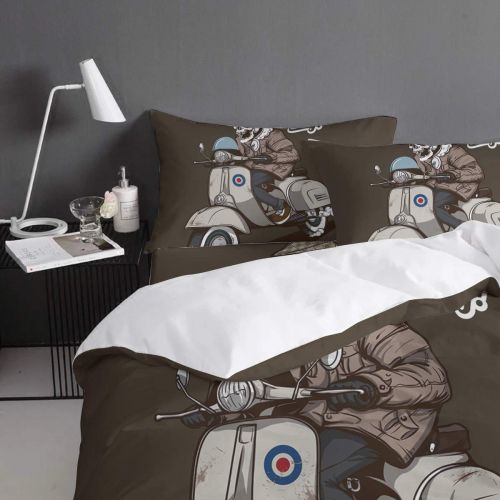  Homeinn Queen Bedding Duvet Cover Set, 4 Piece - Scooter Boy Skull All-Season Lightweight Microfiber Comforter Quilt Cover with Zipper Closure and Bed Sheet, 2 Pillow Shams