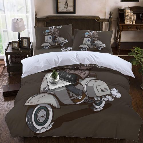  Homeinn Queen Bedding Duvet Cover Set, 4 Piece - Scooter Boy Skull All-Season Lightweight Microfiber Comforter Quilt Cover with Zipper Closure and Bed Sheet, 2 Pillow Shams