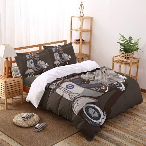  Homeinn Queen Bedding Duvet Cover Set, 4 Piece - Scooter Boy Skull All-Season Lightweight Microfiber Comforter Quilt Cover with Zipper Closure and Bed Sheet, 2 Pillow Shams