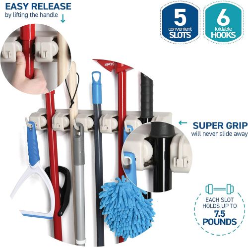  Home- It Mop and Broom Holder, 5 Position with 6 Hooks Garage Storage Holds up to 11 Tools, Storage Solutions for Broom Holders, Garage Storage Systems Broom Organizer for Garage S