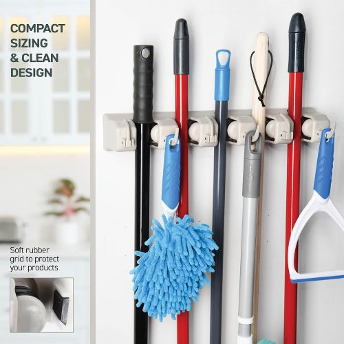  Home- It Mop and Broom Holder, 5 Position with 6 Hooks Garage Storage Holds up to 11 Tools, Storage Solutions for Broom Holders, Garage Storage Systems Broom Organizer for Garage S