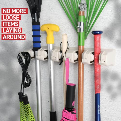  Home- It Mop and Broom Holder, 5 Position with 6 Hooks Garage Storage Holds up to 11 Tools, Storage Solutions for Broom Holders, Garage Storage Systems Broom Organizer for Garage S