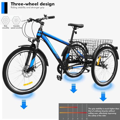  Homekdome, 2021 New Tricycle Bike 17 Speed 3Wheel for Shopping WInstallation Tools Three Wheel Bicycle for Men and Women (Blue)