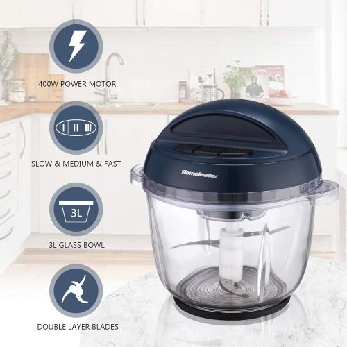  Homeleader Food Chopper 10 Cup Electric Food Processor Large Size Glass Bowl Blender Grinder with 3 Speeds for Meat, Vegetables, Fruits and Nuts, 400W
