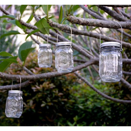  Homeleo 4 Pack Vintage Outdoor Solar Mason Jar Light Set(Lid Lights/Mason Jars/Hangers Included),20 LED Warm White Fairy Firefly Glass Bottle Solar Lights Kit for Garden Yard Path