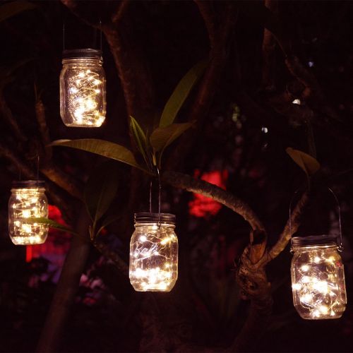  Homeleo 4 Pack Vintage Outdoor Solar Mason Jar Light Set(Lid Lights/Mason Jars/Hangers Included),20 LED Warm White Fairy Firefly Glass Bottle Solar Lights Kit for Garden Yard Path