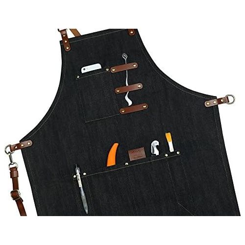  Home-organizer Tech Multi-Use Detachable Tool Apron Heavy Duty Denim Jean Work Apron Salon Barber Hairdressers Apron BBQ Gril Housewife Apron with Pockets, Adjustable for Men & Wom