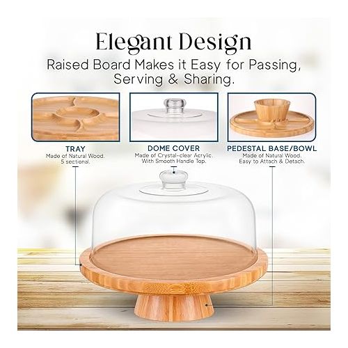  Homeries Bamboo Cake Stand with Lid, Cake Plate, (6 in 1) Multi-Functional Serving Platter, Large Cake Stand with Dome - Use as Cake Holder, Cake Cover