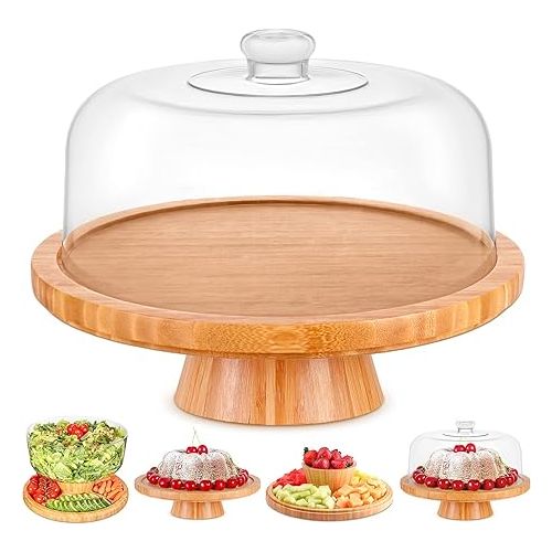  Homeries Bamboo Cake Stand with Lid, Cake Plate, (6 in 1) Multi-Functional Serving Platter, Large Cake Stand with Dome - Use as Cake Holder, Cake Cover