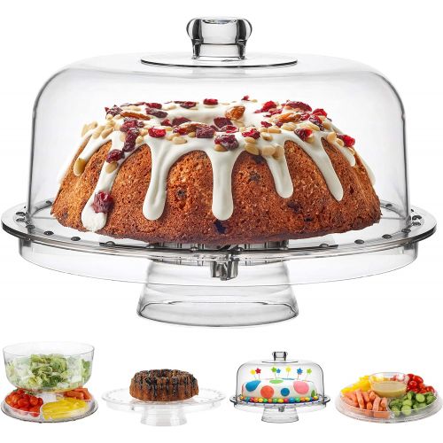  Homeries Multi-Purpose 6 in 1 Cake Stand with Dome Lid - Multifunctional Serving Platter and Cake Plate - Use as Salad Bowl/Veggie Platter/Punch bowl/Desert Platter/Nachos & Salsa