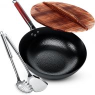 Homeries Wok Pan - 12.8 Woks and Stir Fry Pans, Carbon Steel Wok with Wooden Handle and Lid and 2 Spatulas - Non-Stick Flat Bottom Wok Frying Pan Suitable for Electric, Induction,