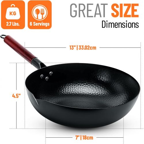  Homeries Wok Pan - 12.8 Woks and Stir Fry Pans, Carbon Steel Wok with Wooden Handle and Lid and 2 Spatulas - Non-Stick Flat Bottom Wok Frying Pan Suitable for Electric, Induction,