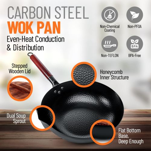  Homeries Wok Pan - 12.8 Woks and Stir Fry Pans, Carbon Steel Wok with Wooden Handle and Lid and 2 Spatulas - Non-Stick Flat Bottom Wok Frying Pan Suitable for Electric, Induction,