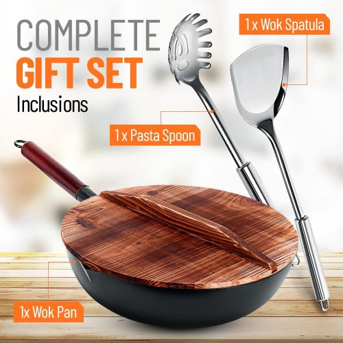  Homeries Wok Pan - 12.8 Woks and Stir Fry Pans, Carbon Steel Wok with Wooden Handle and Lid and 2 Spatulas - Non-Stick Flat Bottom Wok Frying Pan Suitable for Electric, Induction,