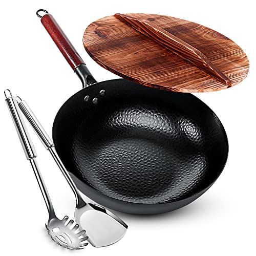  Homeries Carbon Steel Wok Pan, Stir Fry Wok Set with Wooden Lid and Spatulas Non Stick Flat Bottom Wok Frying Pan Suitable for Electric, Induction, and Gas Stoves 12.5